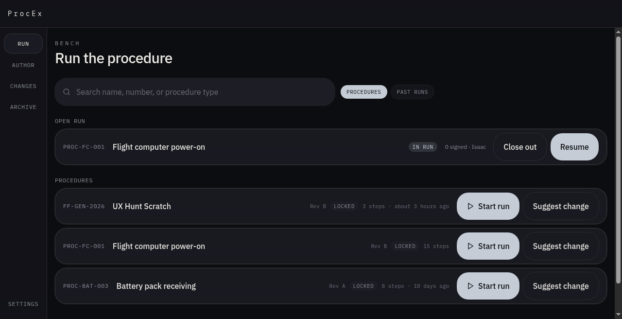 Opus procedure list with an open run.
