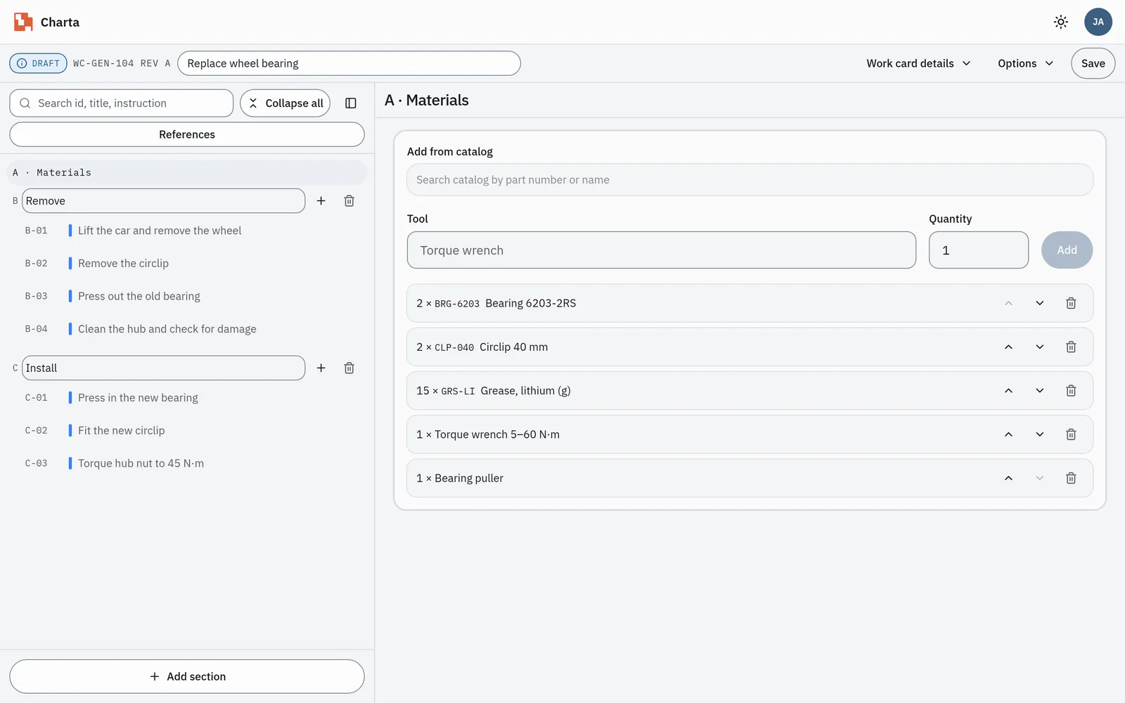 Charta work card editor with the materials list and the steps.