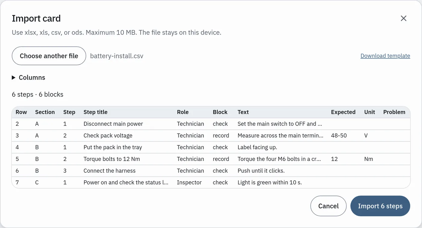 Import preview in Novbay: each spreadsheet row is shown as a step before you import it.