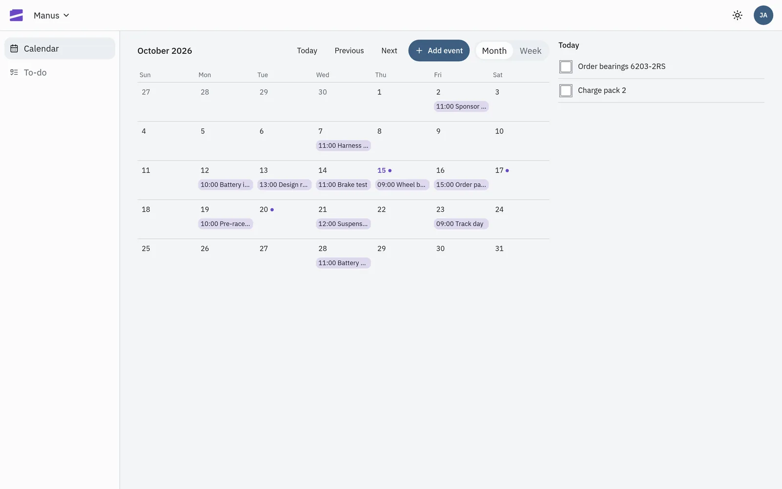 Manus month view with team events and today's to-dos.