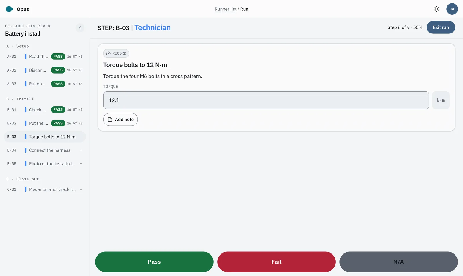 Opus runner with the step list on the left and the current step on the right.